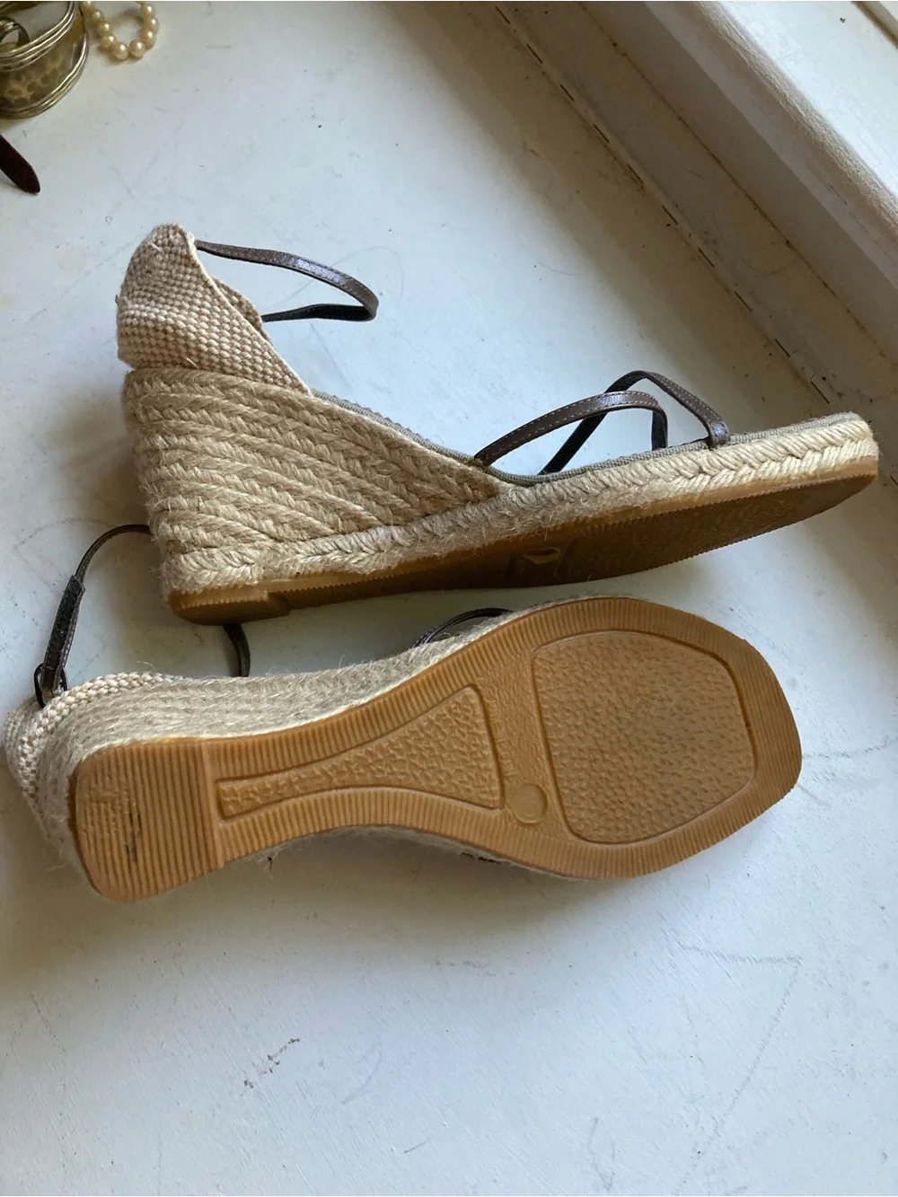 Jigsaw. Espadrille Wedge Sandals in Beige with Brown Straps